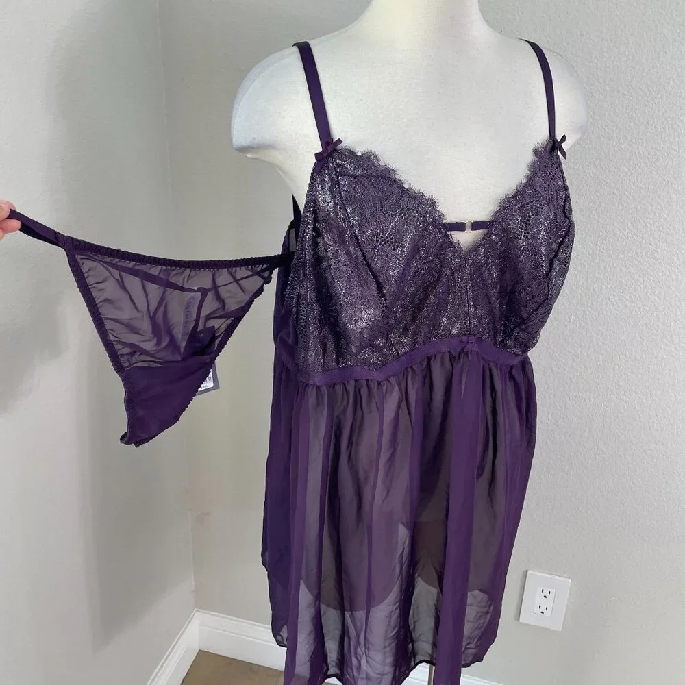 NEW Cacique Womens Plus 22/24 Purple Metallic Sheer Lace Babydoll Lingerie Set - Picture 1 of 14